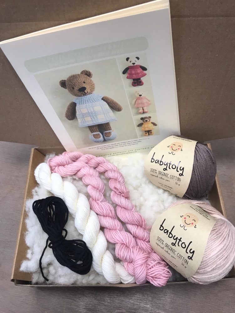 New pale brown Bear in a Dress Kit - pink dress - Organic Babytoly cotton d