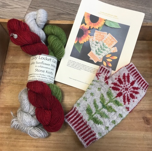 Red Lucky Sunflower Mitts Kit in gorgeous Exmoor Sock Yarn