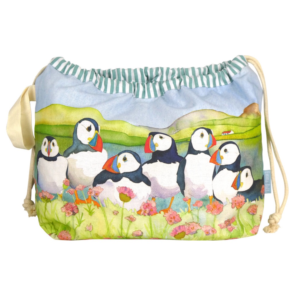 **NEW** Sea Thrift Puffin drawstring Project bag