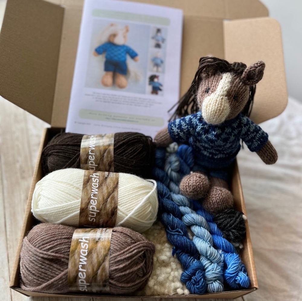 Brown Horse in a Jumper Kit - Superwash - blue clothes