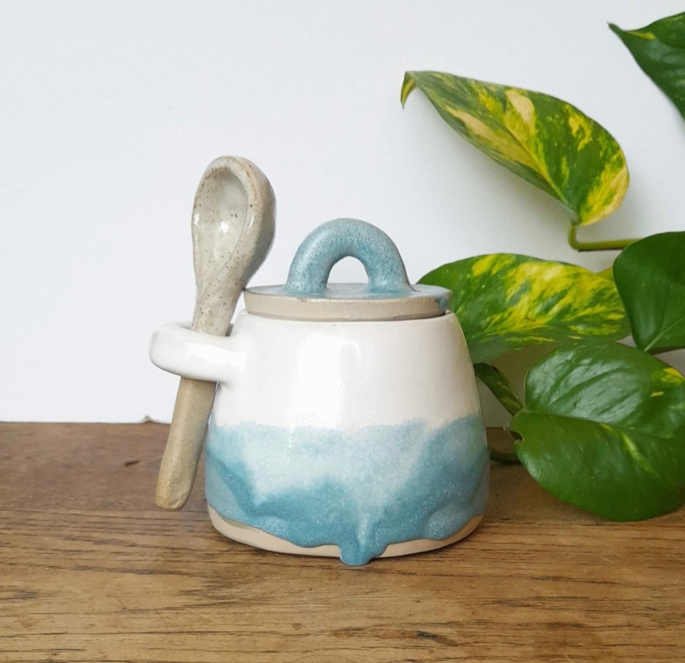 Isla McKelvey Ceramics Hand thrown stoneware pot and spoon with white/blue glaze