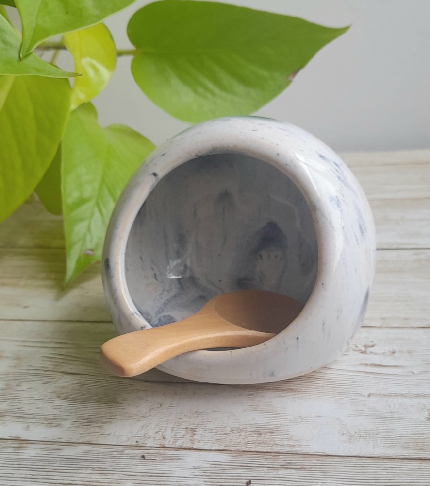 Isla McKelvey Ceramics - Handthrown earthenware salt pig with blue and whit