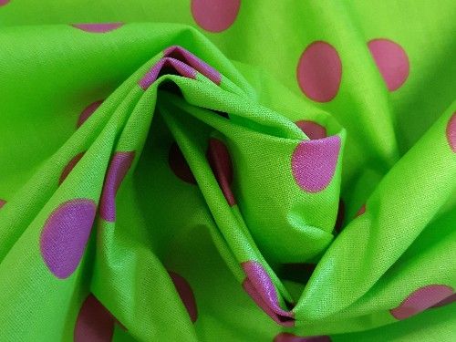  Lime Green with pink spots, coated cotton, Shower proof. CO1079