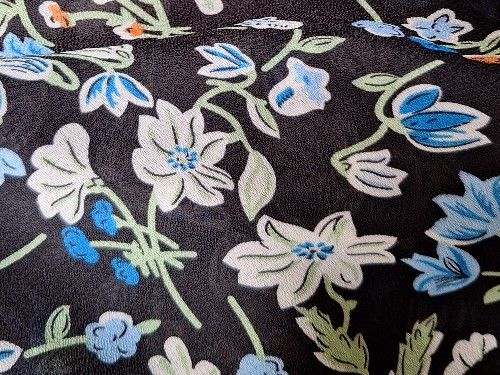 Blue floral on black background polyester semi sheer, 150cm, PL0007