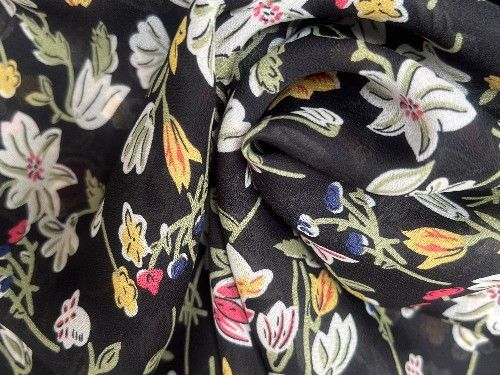 Yellow floral on black ground  polyester, semi sheer, 150cm. PL0006