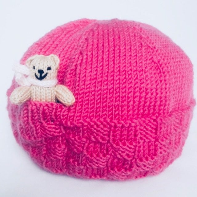 Fuchsia Pink Hand Knitted Teddy Hat 
