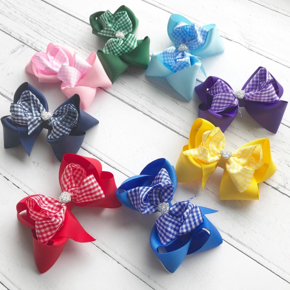 ALL COLOURS 9 - 4.5 inch Double Bowtique Bow - Gingham - Alligator clip or bobble 
