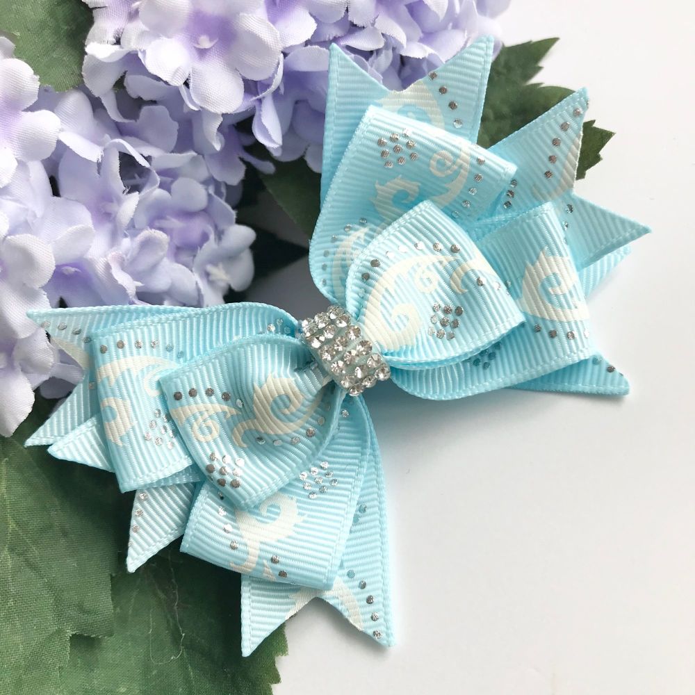 3.5 inch Stacked bow - Light blue paisley - Single prong clip