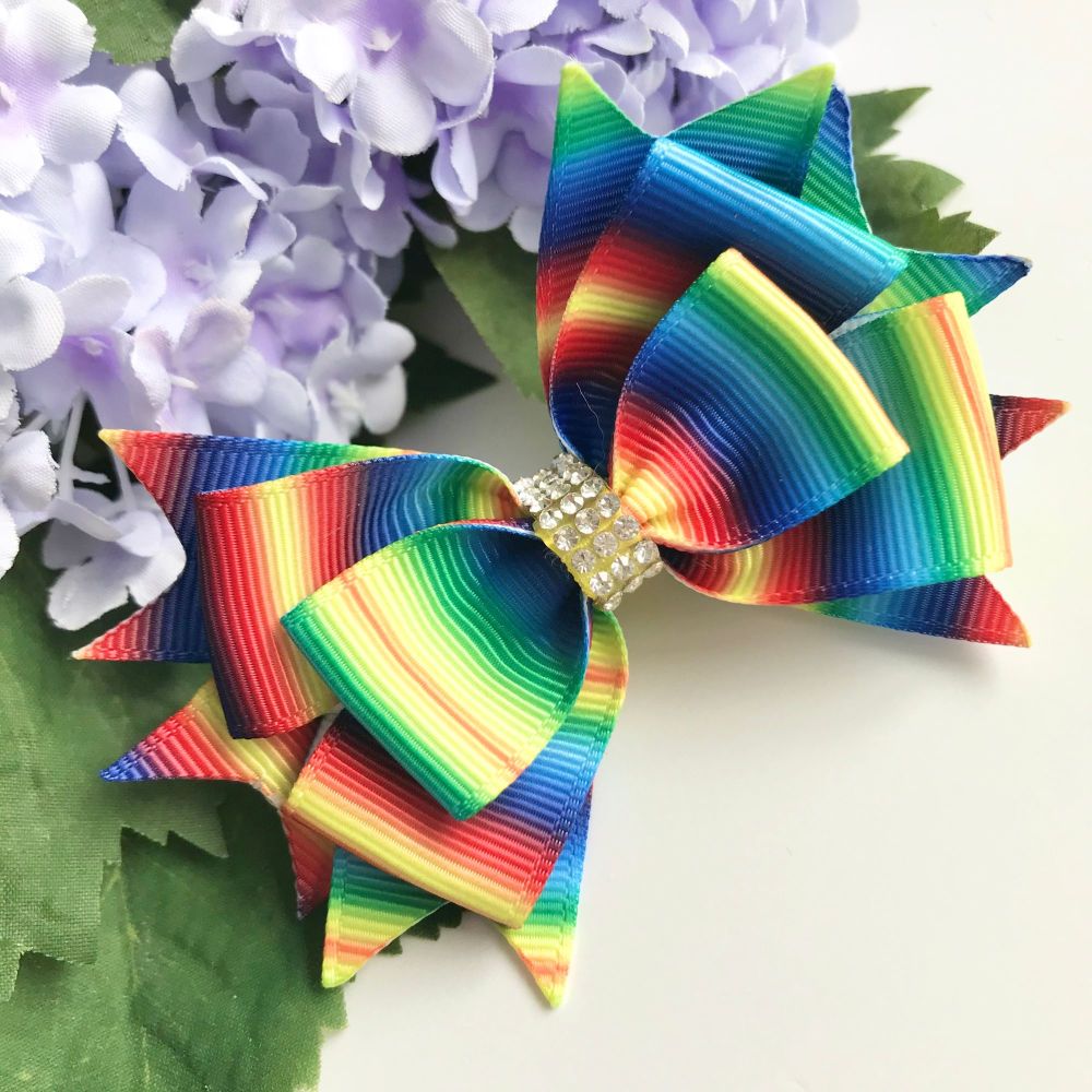 3.5 inch Stacked bow - Neon stripe rainbow - Single prong clip