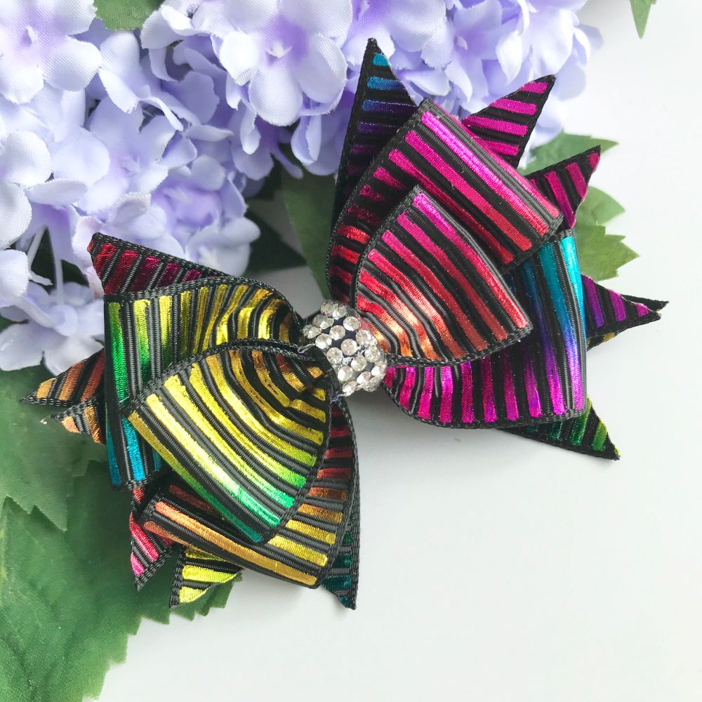 3.5 inch Stacked bow - Black metallic rainbow  - Single prong clip