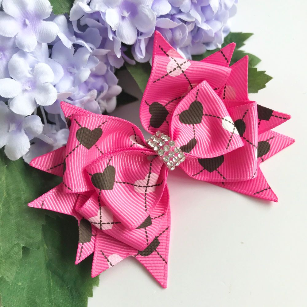 3.5 inch Stacked bow - Hot pink heart check - Single prong clip
