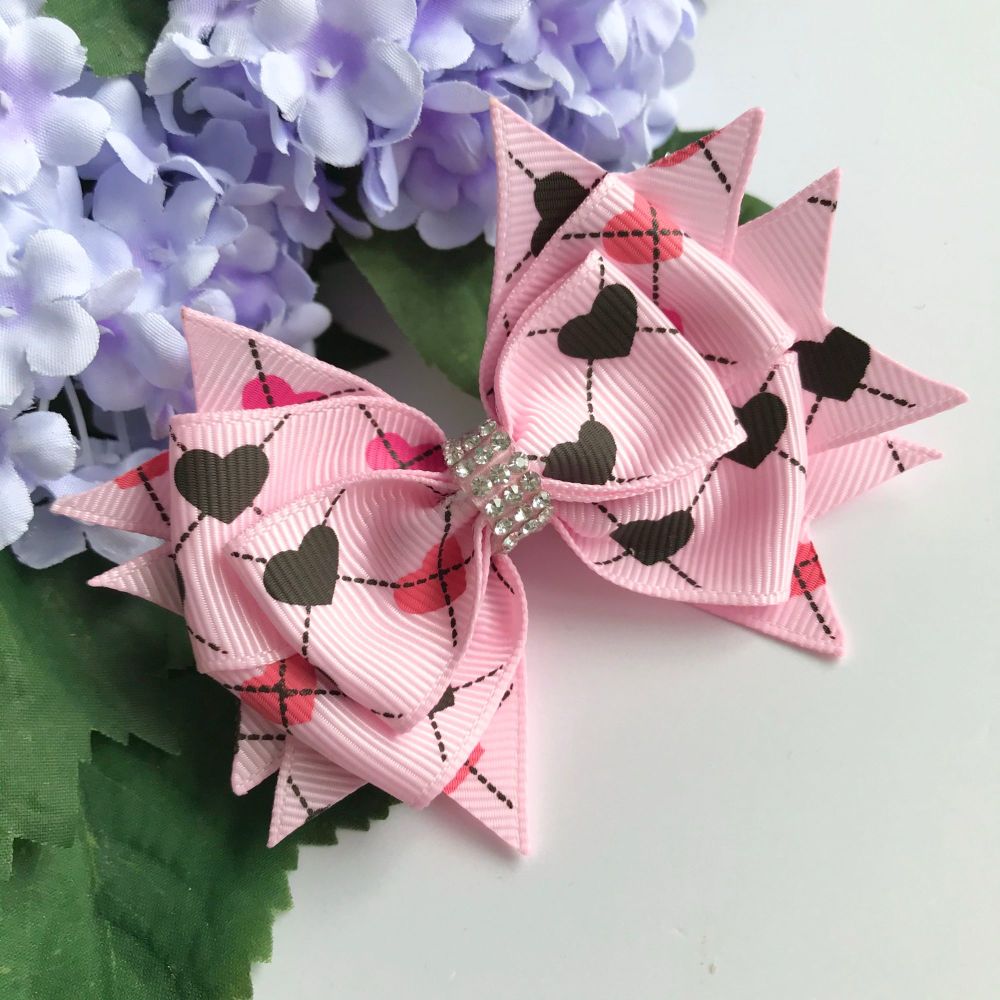 3.5 inch Stacked bow - Baby pink heart check - Single prong clip