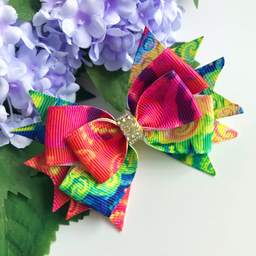 3.5 inch Stacked bow - Tie dye print - Single prong clip