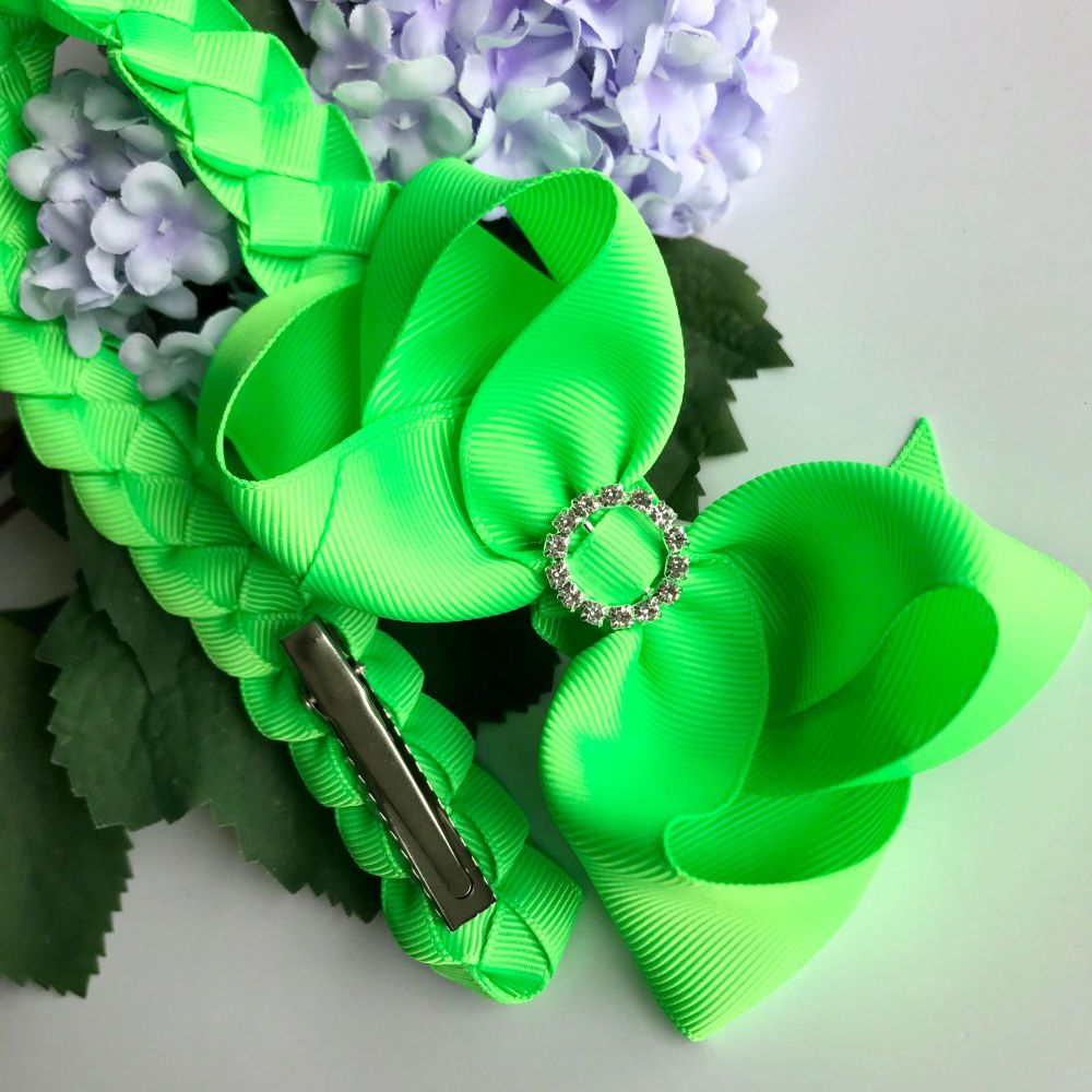 Bun Wrap with 4 inch Bowtique Bow - Neon green - Clips
