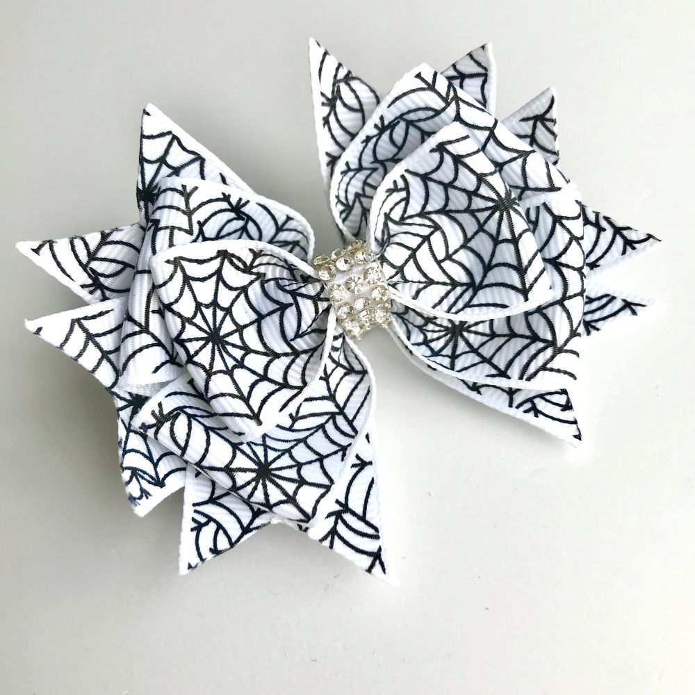 Stacked bow - Halloween white spider web - prong clip