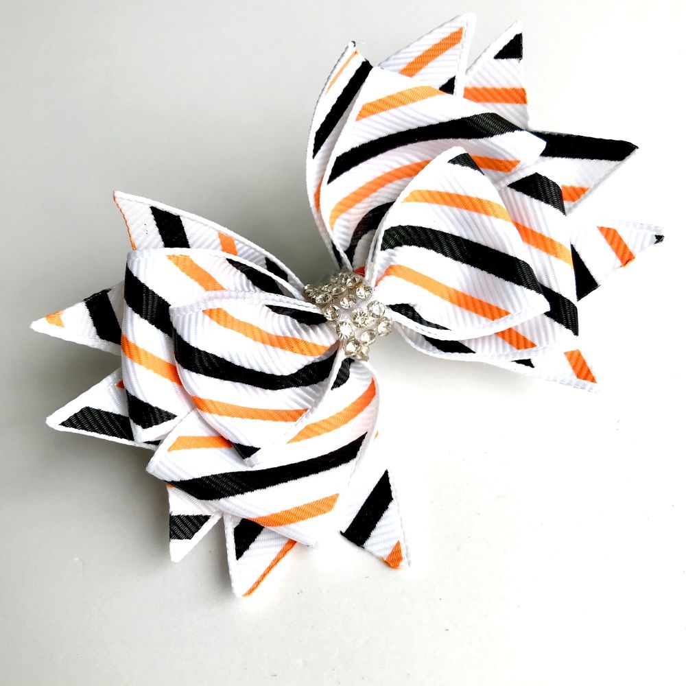 Stacked bow - White, black and orange striped - prong clip