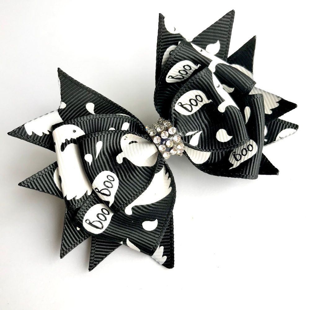 Stacked bow - Halloween black ghosts - prong clip