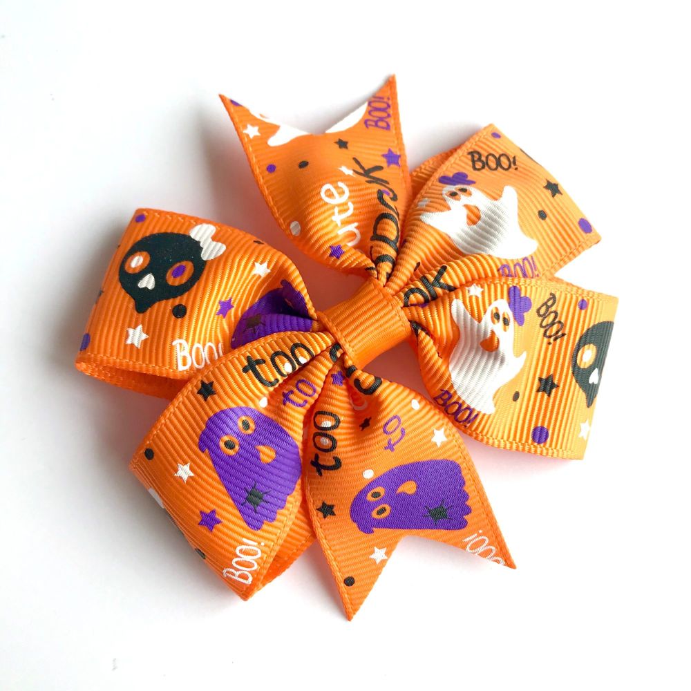 3 inch pinwheel bow - Halloween orange ghosts too cute to spook - alligator clip