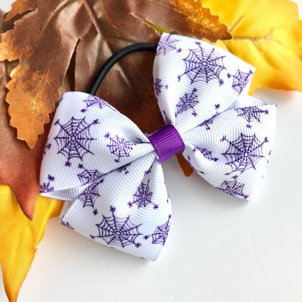 3.5 inch Tux bow - Halloween white and purple spider web - clip or bobble