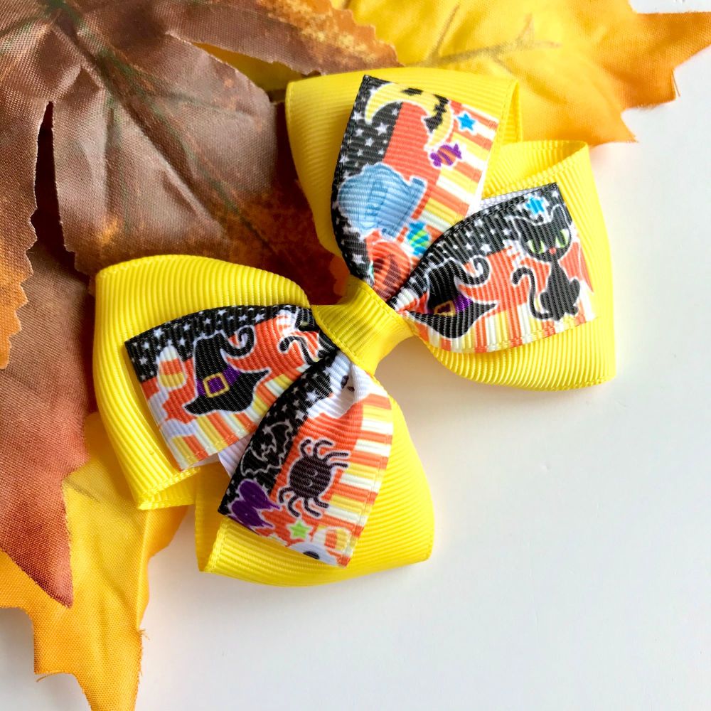 3.5 inch Double bow - Halloween yellow - alligator clip