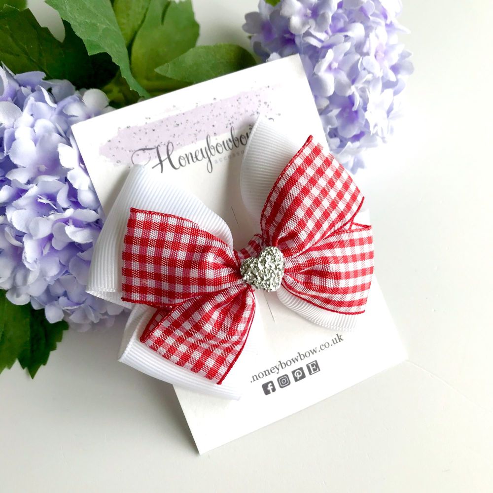 3.5 inch Double Tux Bow - Red gingham - Alligator clip or bobble