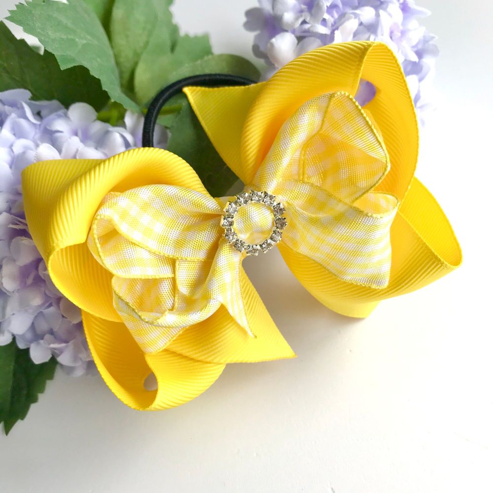 4.5 inch Double Bowtique Bow - Yellow Gingham - Alligator clip or bobble 