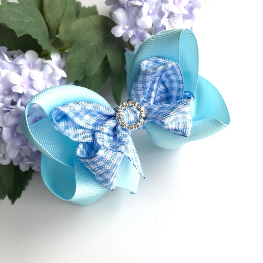 4.5 inch Double Bowtique Bow - Light blue Gingham - Alligator clip or bobbl