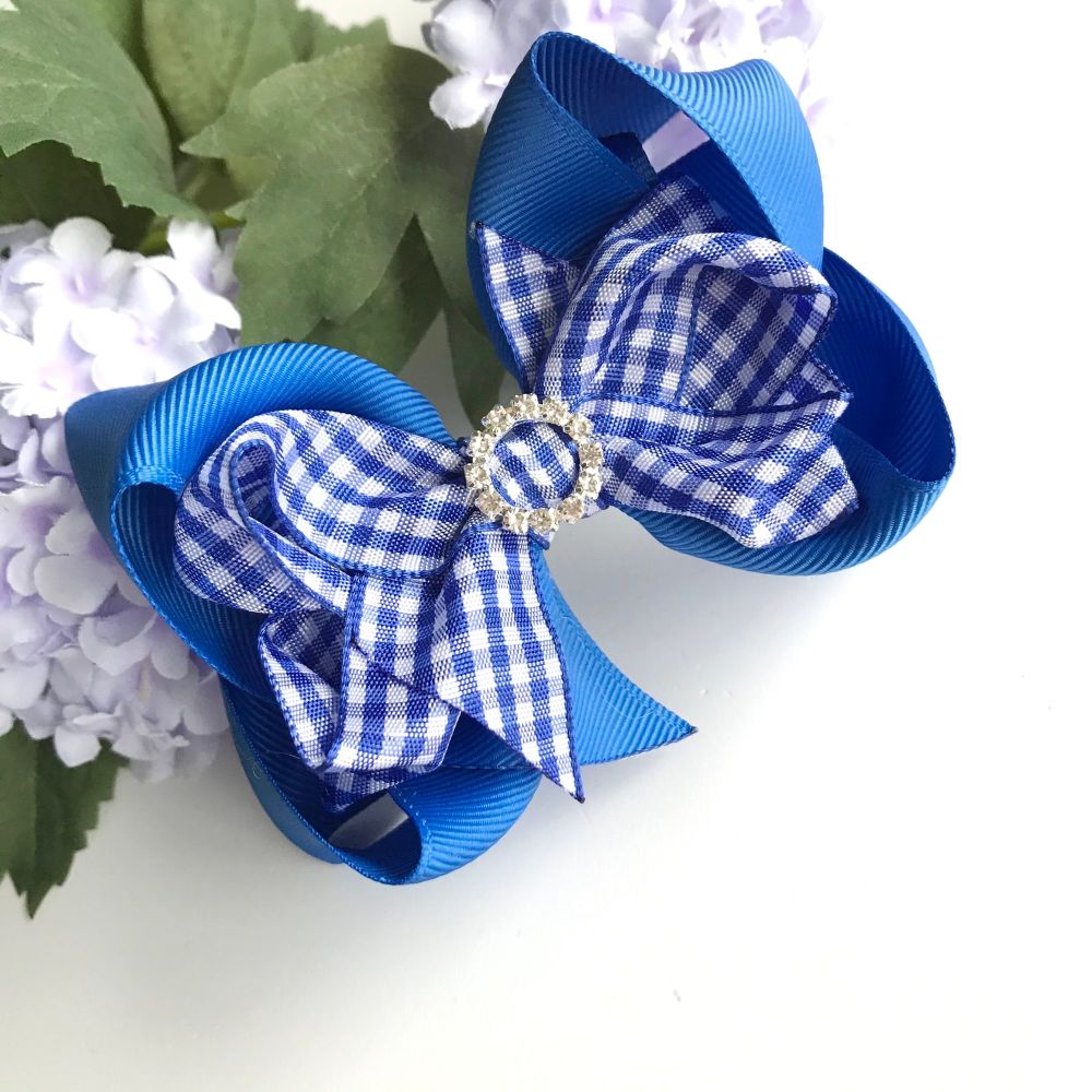 4.5 inch Double Bowtique Bow - Royal blue Gingham - Alligator clip or bobbl