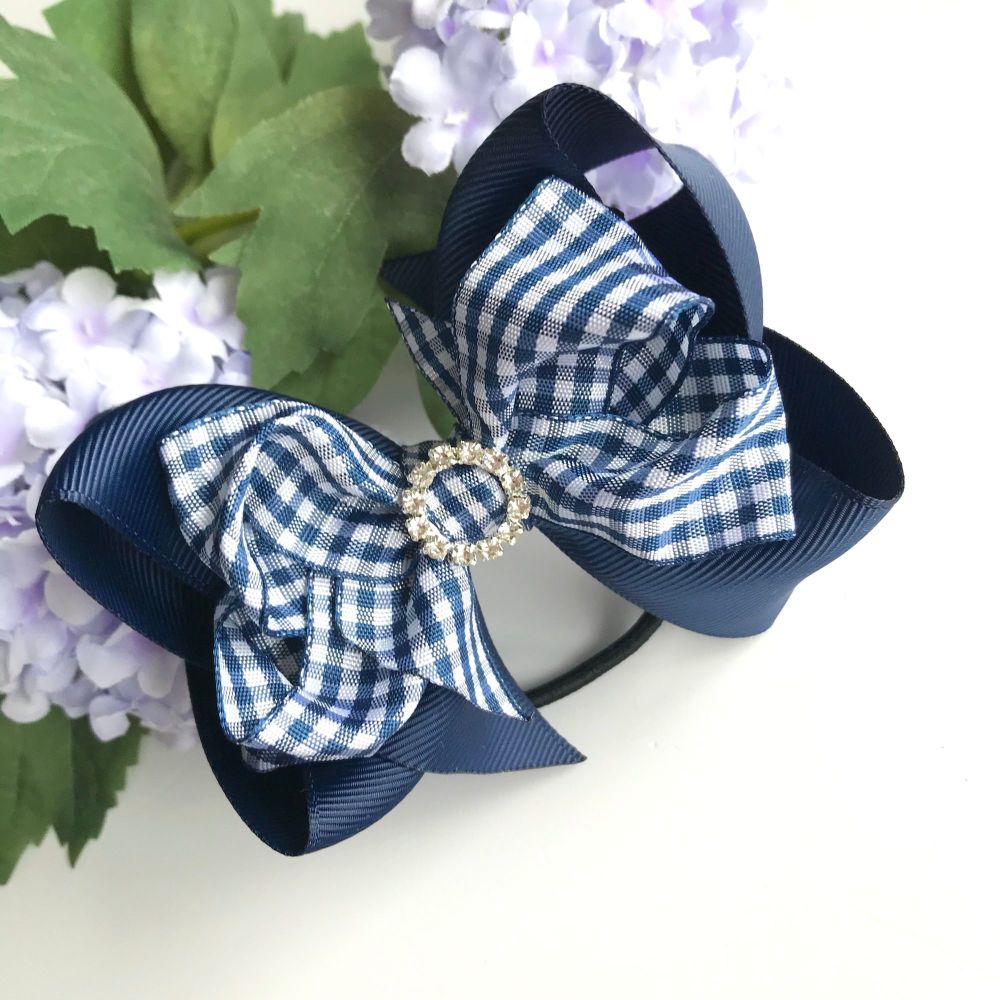 4.5 inch Double Bowtique Bow - Navy Gingham - Alligator clip or bobble 