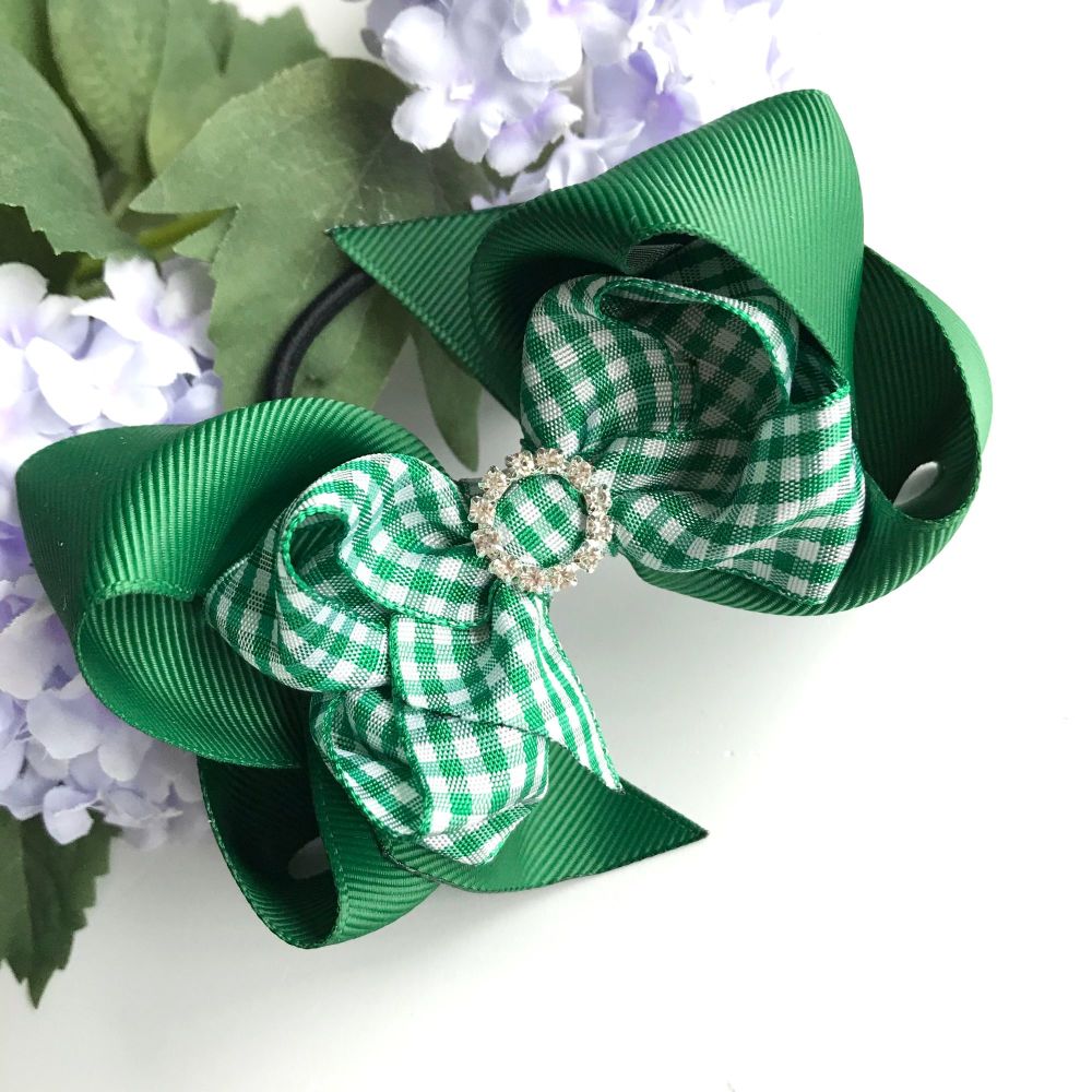 4.5 inch Double Bowtique Bow - Green Gingham - Alligator clip or bobble 