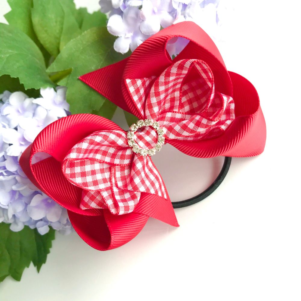 4.5 inch Double Bowtique Bow - Red Gingham - Alligator clip or bobble 