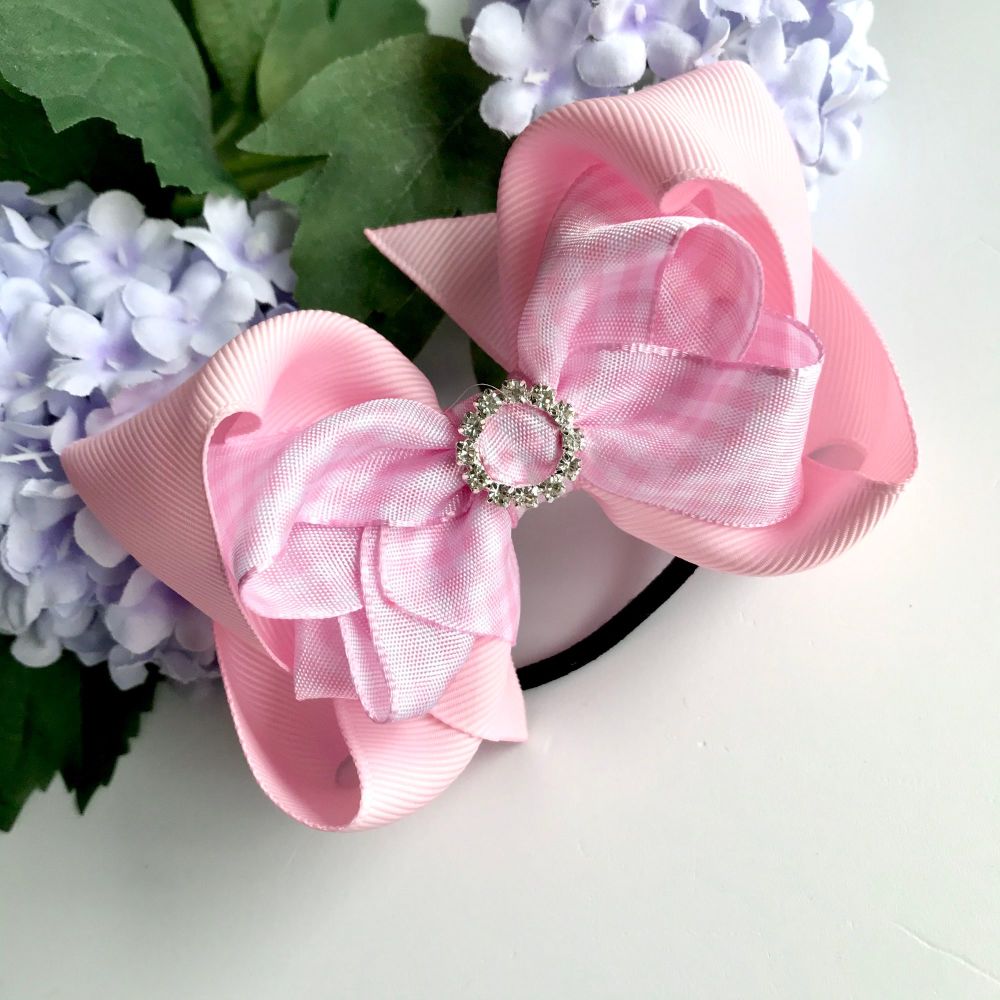4.5 inch Double Bowtique Bow - Pink Gingham - Alligator clip or bobble 