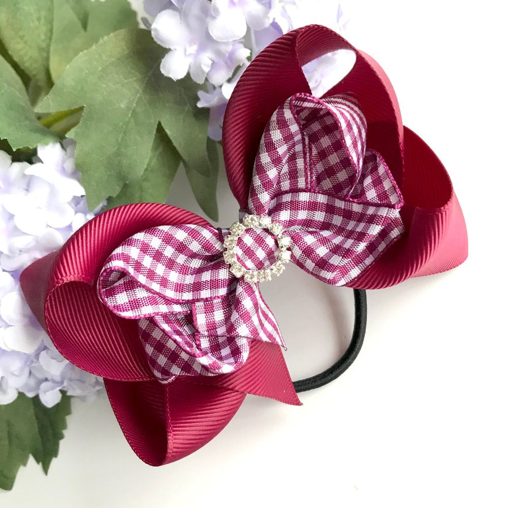 4.5 inch Double Bowtique Bow - Burgundy Gingham - Alligator clip or bobble 