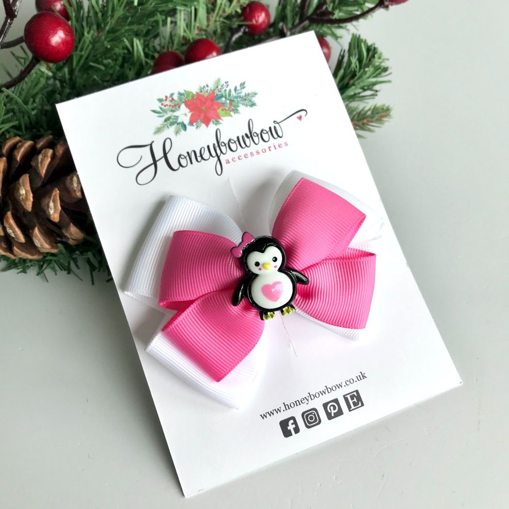 Christmas 3.5 inch Double Tux bow - Pink Penguin - Alligator clip