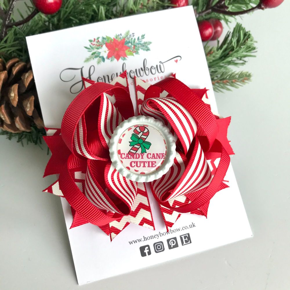 Christmas 5 inch Stacked Looped Bowtique bow -Candy cane cutie - Alligator clip