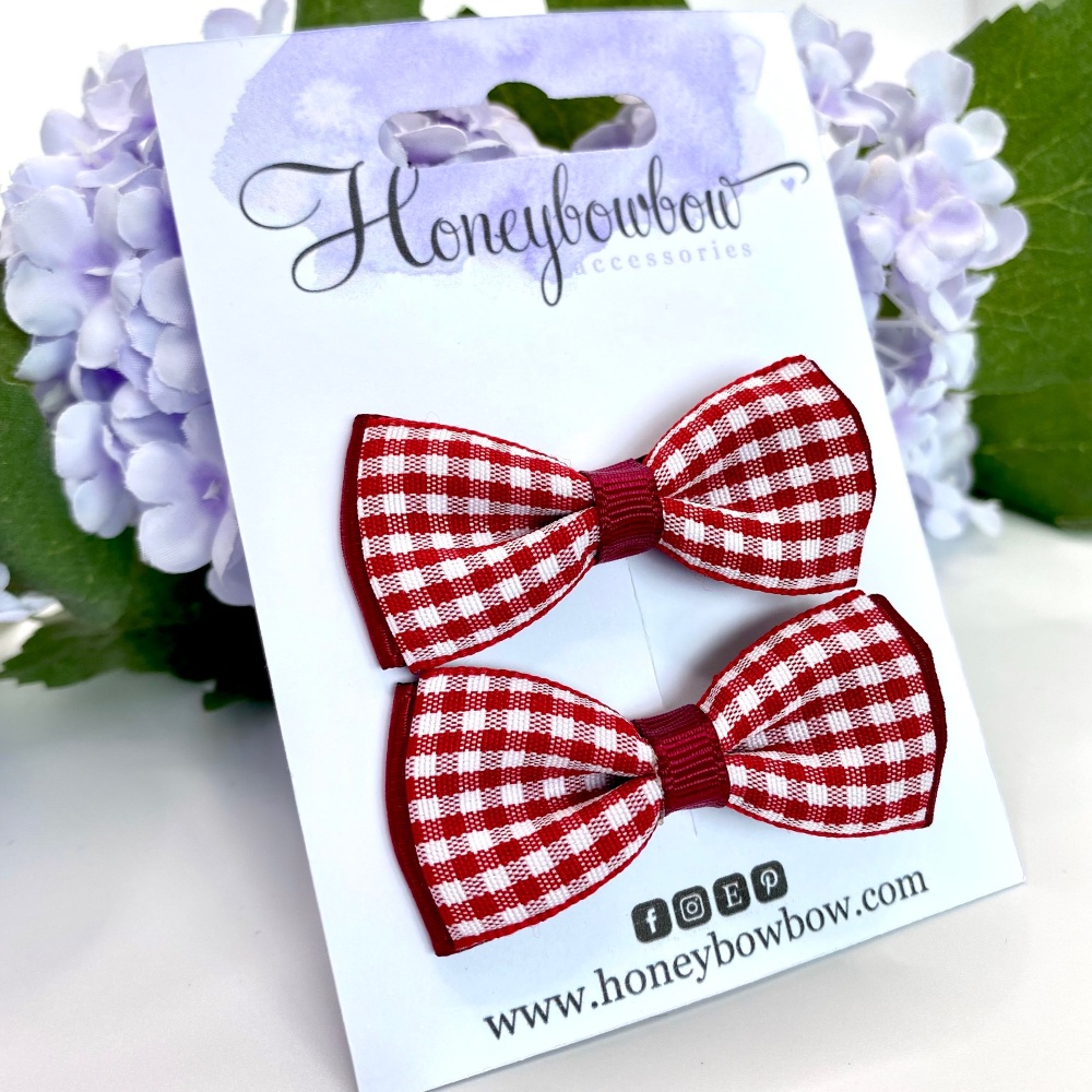 2 inch Classic layered Bow - Burgundy gingham - Prong clip