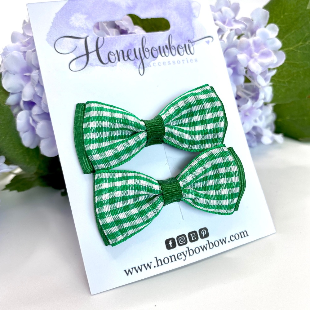 2 inch Classic layered Bow - Green gingham - Prong clip