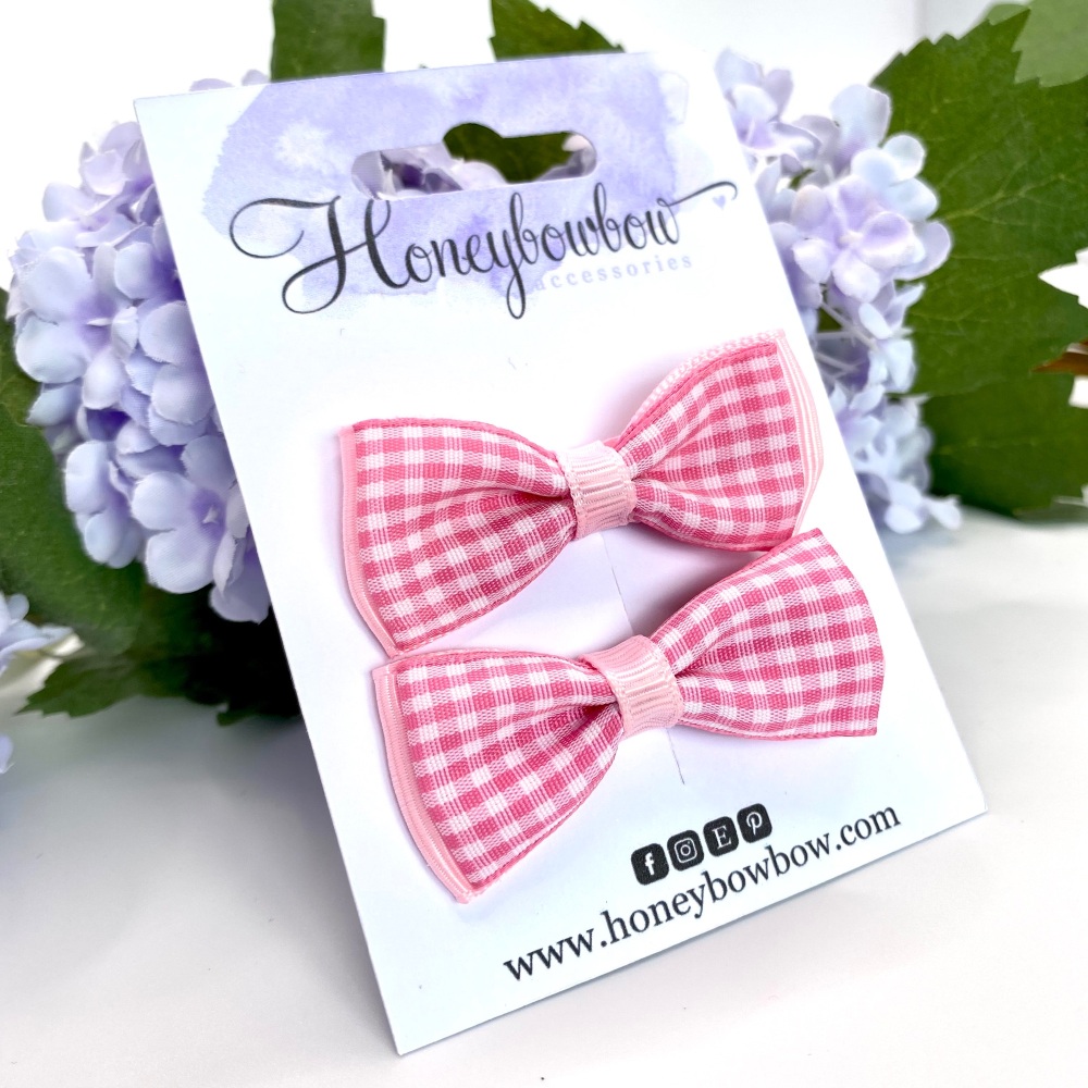 2 inch Classic layered Bow - Pink gingham - Prong clip