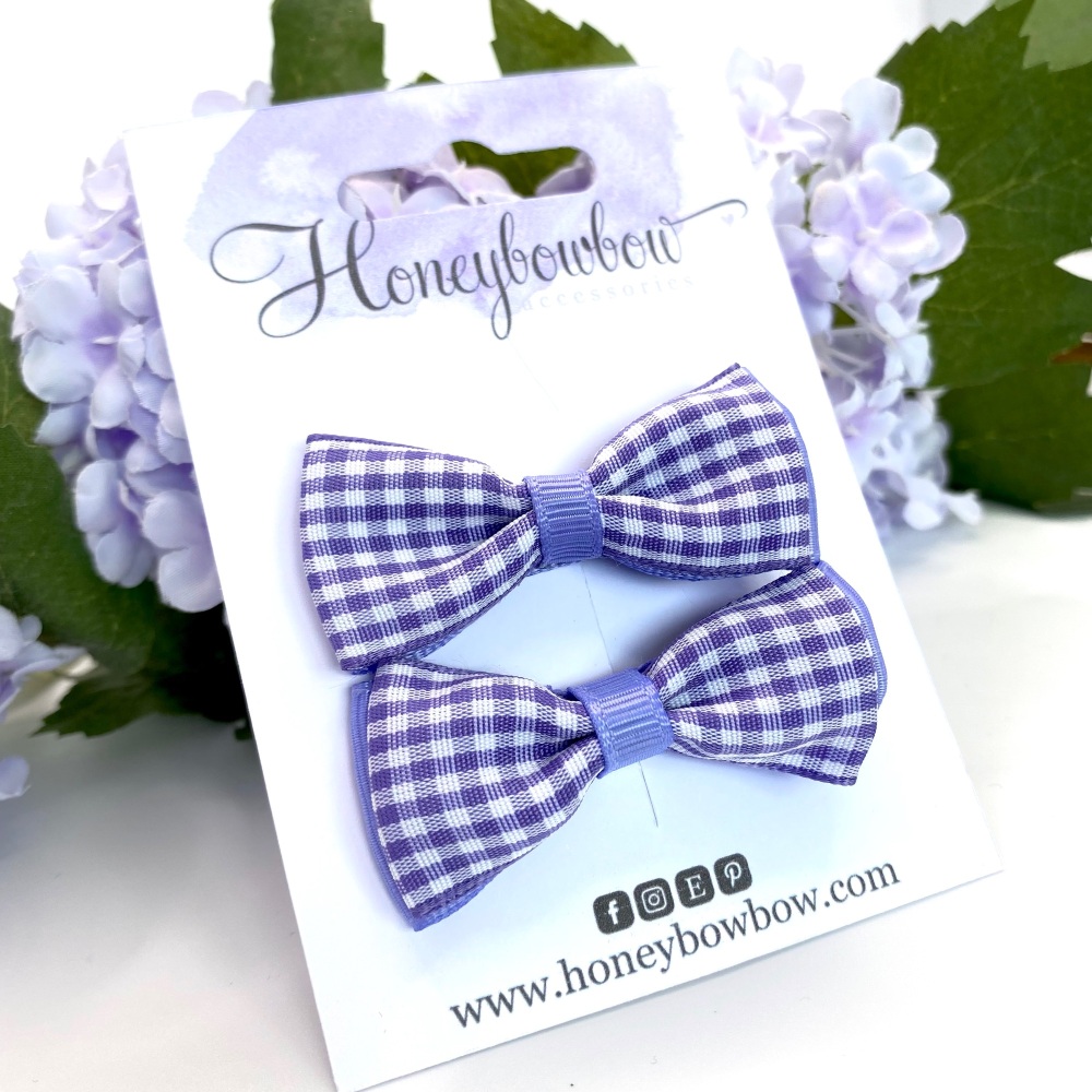 2 inch Classic layered Bow - Light purple gingham - Prong clip
