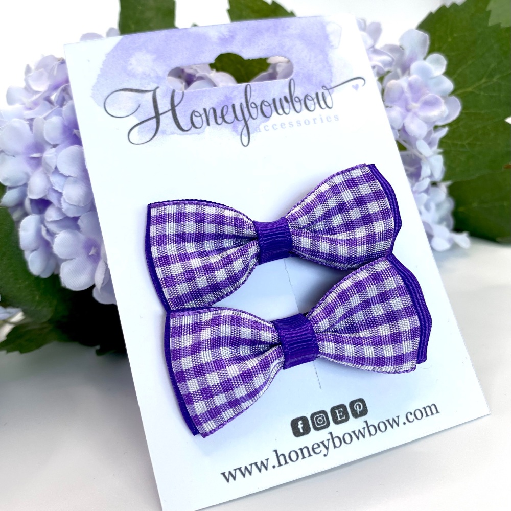 2 inch Classic layered Bow - Dark purple gingham - Prong clip