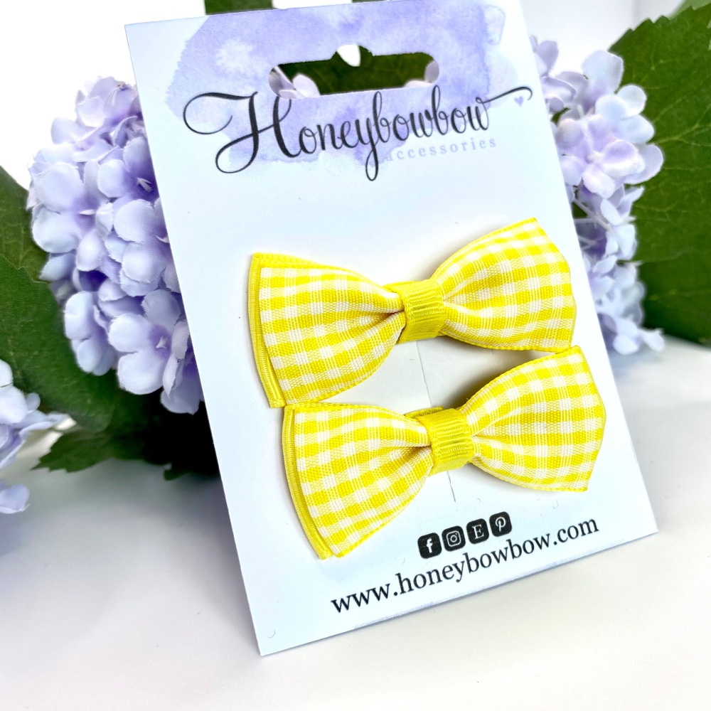 2 inch Classic layered Bow - Yellow gingham - Prong clip