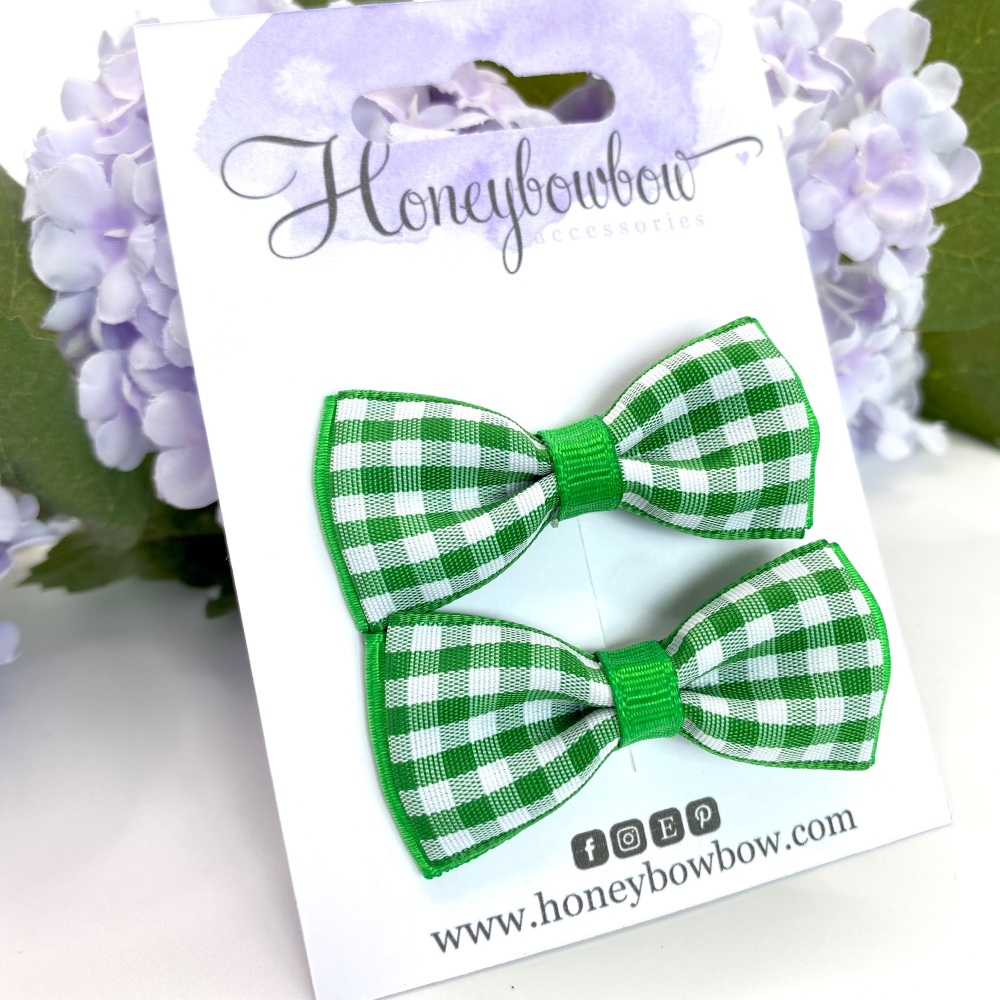 2 inch Classic layered Bow - Bright green gingham - Prong clip