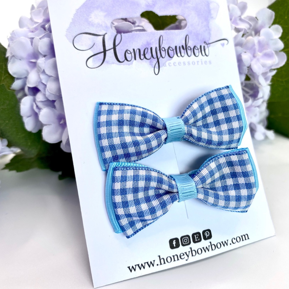 2 inch Classic layered Bow - Baby blue gingham - Prong clip