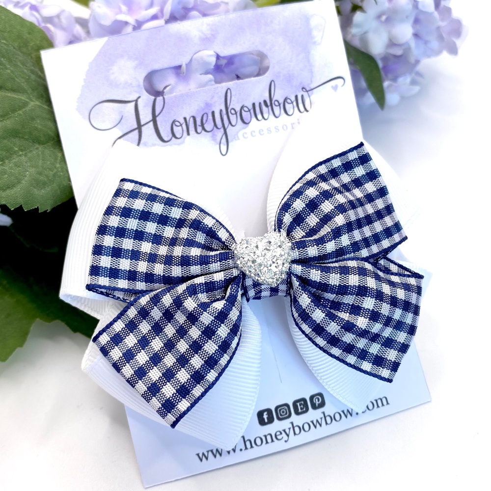 3.5 inch Double Tux Bow - Navy gingham - Alligator clip or bobble