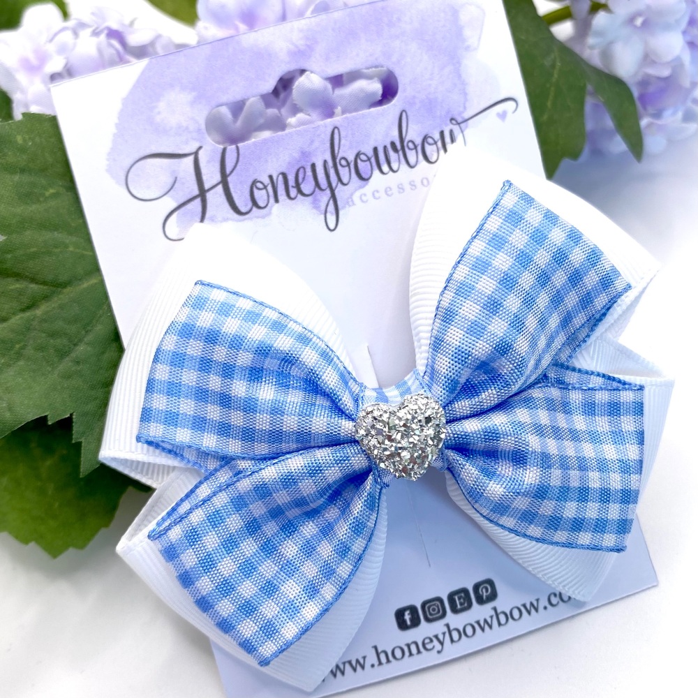 3.5 inch Double Tux Bow - Light Blue gingham - Alligator clip or bobble