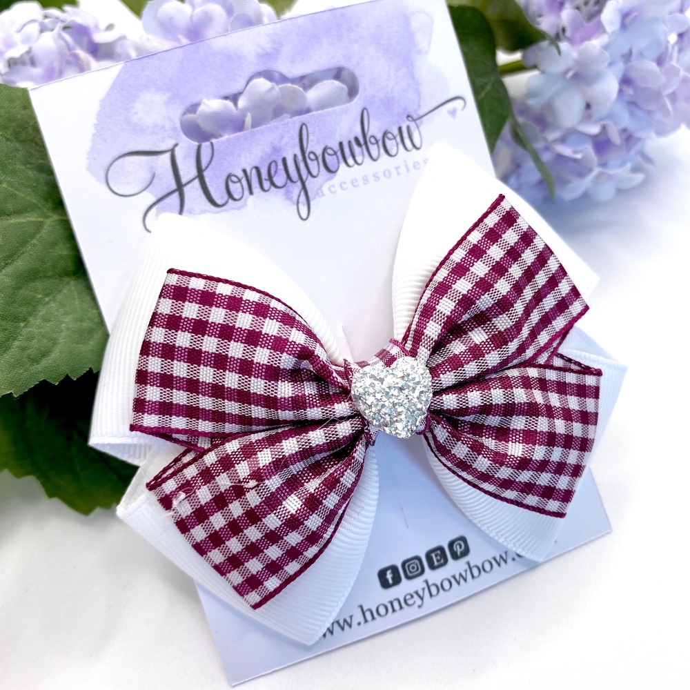 3.5 inch Double Tux Bow - Burgundy gingham - Alligator clip or bobble
