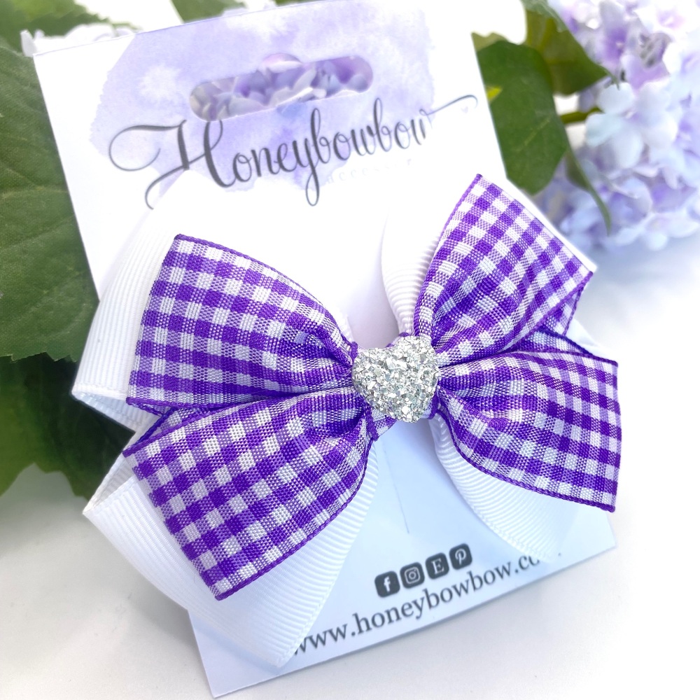 3.5 inch Double Tux Bow - Purple gingham - Alligator clip or bobble