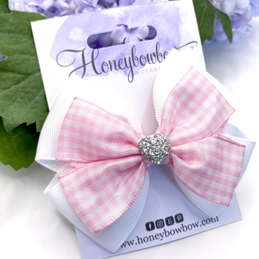 3.5 inch Double Tux Bow - Pink gingham - Alligator clip or bobble