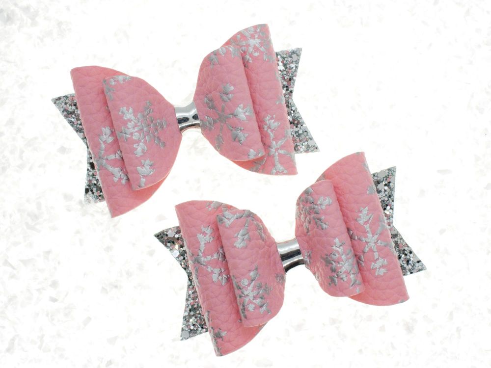 Pink & Silver Snow Flakes Bow
