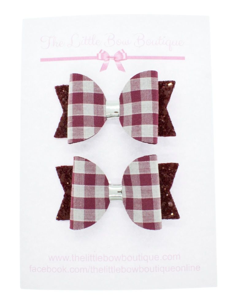 Gorgeous Gingham – 2 x Small Bows – Burgundy